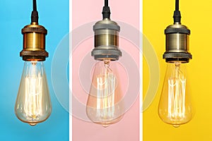 Collage of lamp bulbs on color background