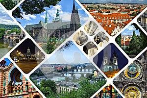 Collage of landmarks of Prague in Czech Republic