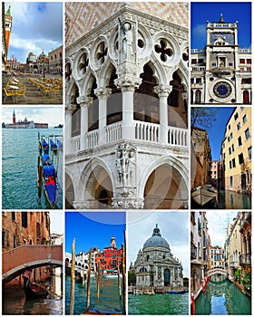 Collage of landmarks in Venice, Italy.