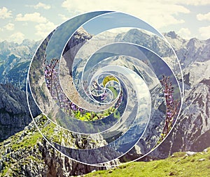 Collage with the landscape and the sacred geometry symbol spiral