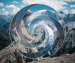 Collage with the landscape and the sacred geometry symbol spiral