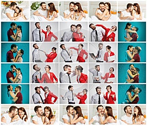 The collage about lifestile of young businessman and businesswoman with different emotions