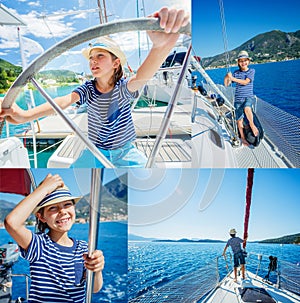 Collage of Little boy on board of sailing yacht on summer cruise. Travel adventure, yachting with child on family