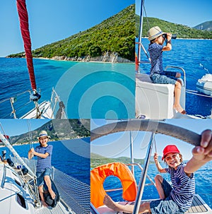 Collage of Little boy on board of sailing yacht on summer cruise. Travel adventure, yachting with child on family