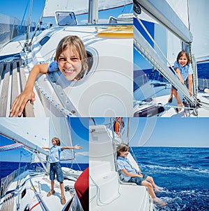 Collage of Little boy on board of sailing yacht on summer cruise. Travel adventure, yachting with child on family