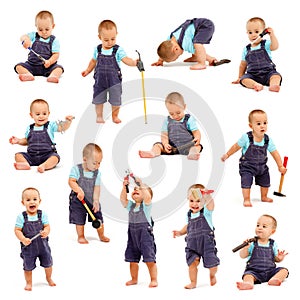 Collage of little boy playing with tools