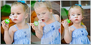 Collage. little girl inflates soap bubbles.