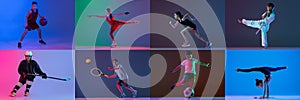 Collage of little sportsmen doing different activities tennis, martial arts, gymnastics, hockey on multicolored