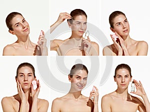 Collage. Lively young beautiful girl with happy facial expression doing hand face care. Concept of purity, skin care