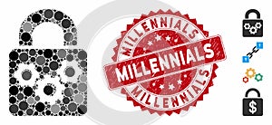 Collage Lock Gears Icon with Distress Millennials Stamp