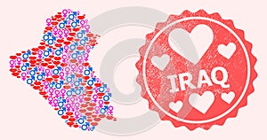 Collage of Love Smile Map of Iraq and Grunge Heart Stamp