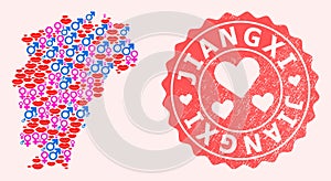 Collage of Love Smile Map of Jiangxi Province and Grunge Heart Stamp