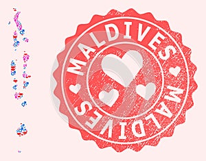 Collage of Love Smile Map of Maldives and Grunge Heart Stamp