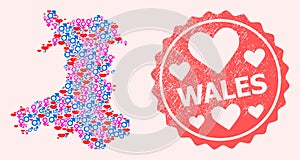 Collage of Love Smile Map of Wales and Grunge Heart Stamp
