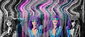 Collage Luxury Lady 80s in stylish holographic party look and tinsel installation. New year`s clubbing mood. Merry christmas.