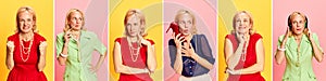 Collage made of closeup portraits of funny woman in vintage clothes expressing different emotions on pink and yellow