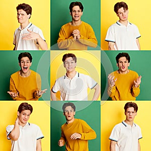Collage made of closeup portraits of young man expressing different emotions over green and yellow backgrounds.