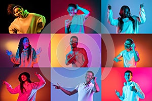 Collage of made of dancing male and female models isolated on colored backgorund in neon light. Concept of equality