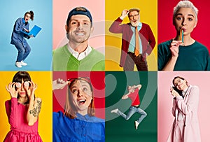 Collage made of different people of various age posing over multicolored background. Education, work and hobby. Concept photo