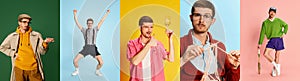 Collage made of different portraits of young emotive man poing in various clothes over multicolored background. Concept photo