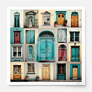 Collage made of different style and color retro front doors to houses. Brown, blue, red wooden home entrance doors and