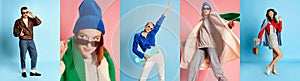 Collage made of different stylish models, man and women posing over multicolored background. Fun, joy, pleasure. Concept photo