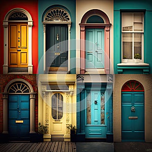Collage made of eight different style and color retro front doors to houses. Brown, blue, yellow wooden home entrance