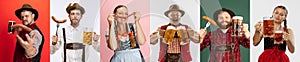 Collage made of emotional young men and women in traditional bavarian costumes standing with beer mugs and sausage over