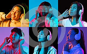 Collage of made of multiethnic young people listening to music isolated on colored backgorund in neon light. Concept of