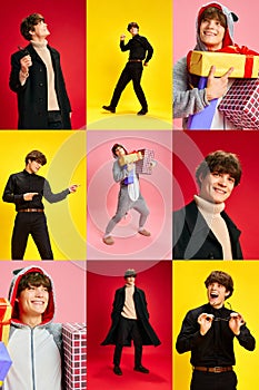 Collage made of photos of expressive young handsome guy in different style clothes doing different activities over multi