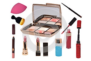 Collage of make up cosmetics and tools. Set of make up brush, lipsticks, skin care products, eye shadows powder, serum for face