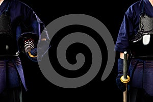 Collage of male in tradition kendo armor with Samurai bamboo sword on black background.