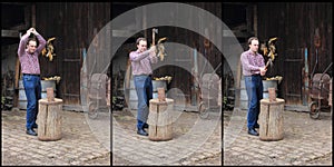 Collage of man cutting wood