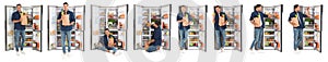 Collage of man near open refrigerators on background