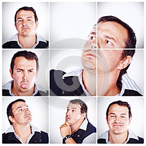 Collage, man and portrait in studio with funny face, happiness and acting crazy. Composite, male person and isolated by