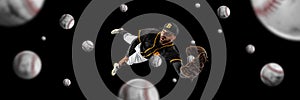 Collage. Man, professional baseball player catching ball with glove in a jump over black background with may balls