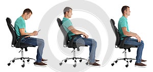 Collage of man sitting on chair against white. Posture concept