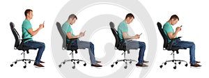 Collage of man sitting on chair and using mobile phone against white background