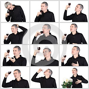 Collage Man tasting a glass of red port wine