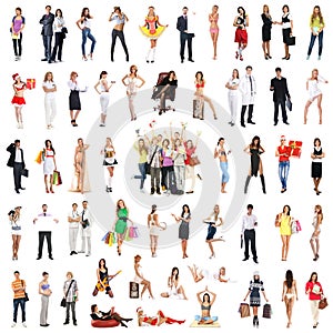 A collage of many different people posing in clothes