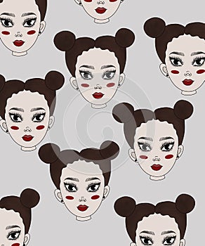 collage. many identical female heads, a portrait of one beautiful unusual girl, with a creative hairstyle, without emotions on a