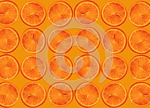 Collage of many photos round slice grapefruit, orange with a seed on an orange background, close-up, copy space