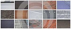 A collage of many pictures with fragments of various types of roofing close up. A set of images with roof coating textures photo