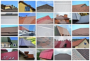 A collage of many pictures with fragments of various types of roofing. Set of images with roofs