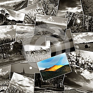 Collage of many pictures lying in a heap