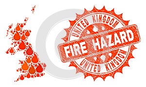 Collage of Map of United Kingdom Burning and Fire Hazard Grunge Stamp Seal