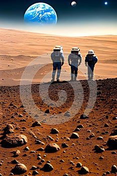 Collage of mars planet with three astronauts generated by ai