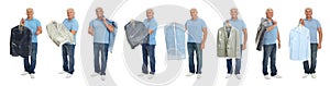 Collage of mature man holding hanger with clothes on background. Dry-cleaning service