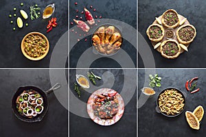 Collage with meat dishes of the world cuisine.