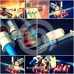 Collage of medical items. Ampules, pills, syringe